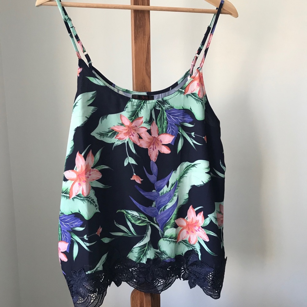 Rose Burg Navy Flower Print Strappy Blouse - Large